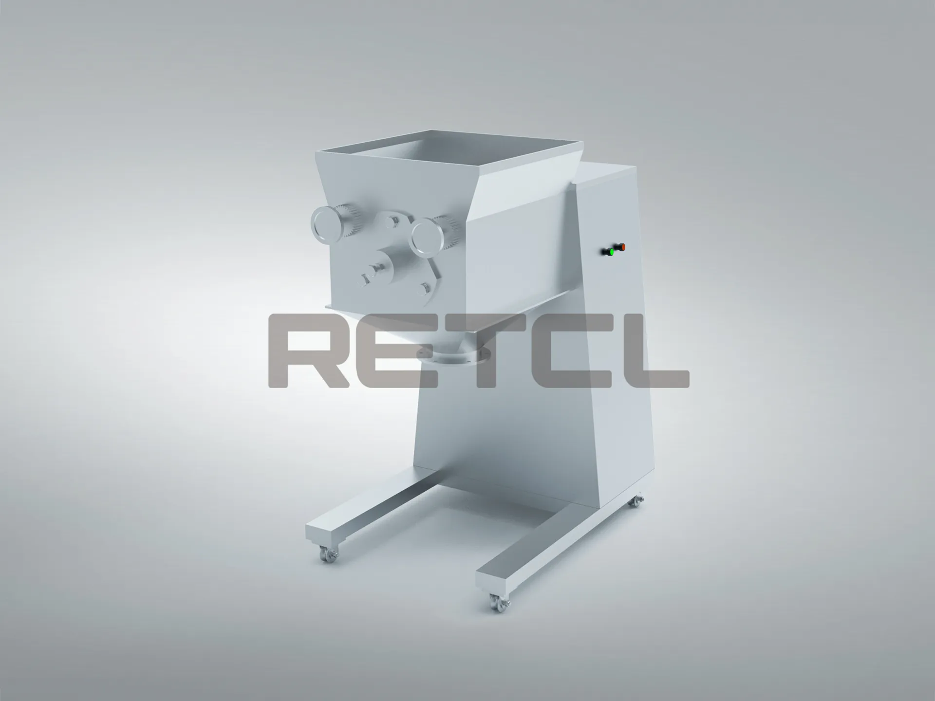 一款流线型的摇摆制粒机,顶部配有料斗,机械控制,安装在移动底座上,背景为柔和色调。
